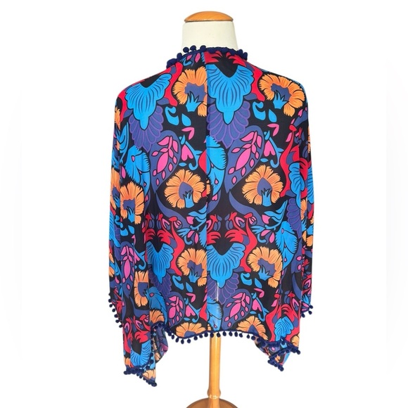 Colleen Lopez Floral Kimono 2X/3X Boho Pom Pom Trim Sheer Cover Up L3 - Picture 4 of 8